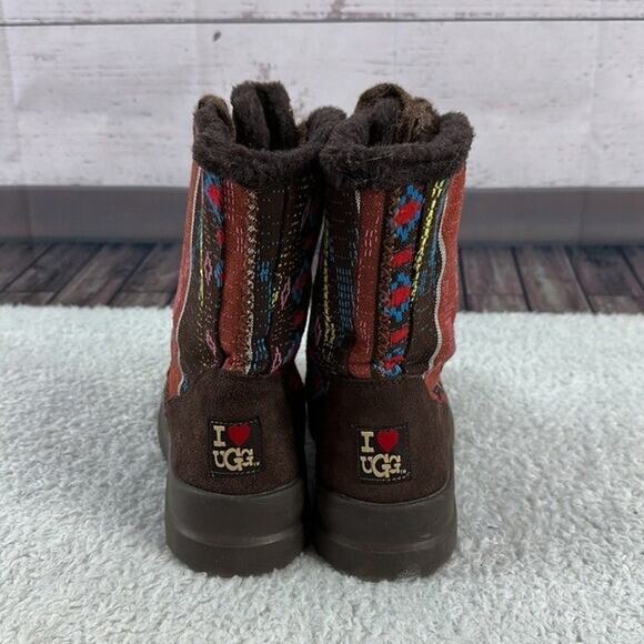 UGG Boots Womens 6 Red Brown Nordic Fair Isle Blanket Woven Fabric Faux Fur Lacy - Picture 5 of 13